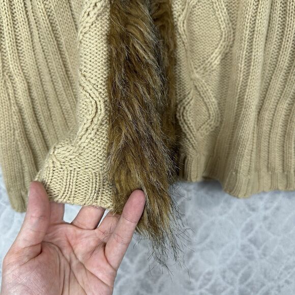 Y2K Hooded Sweater Vest Womens Small Tan Faux Fur Trim Toggle Chunky Penny Lane - Picture 6 of 11